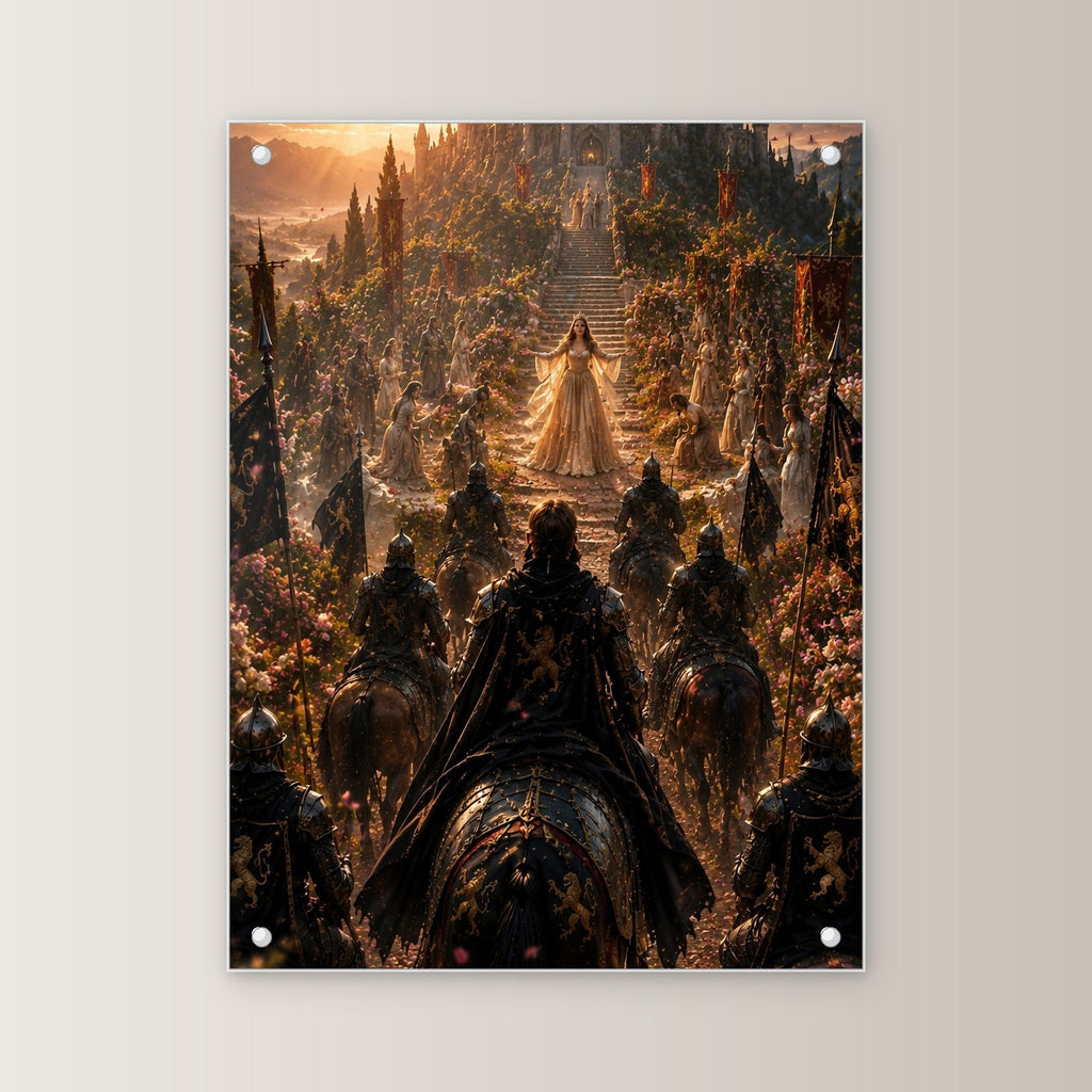 Dark-Fantasy Acrylglasbild auf Acrylglas mit Edelstahl-Abstandshaltern, gerade von vorn an heller Wand