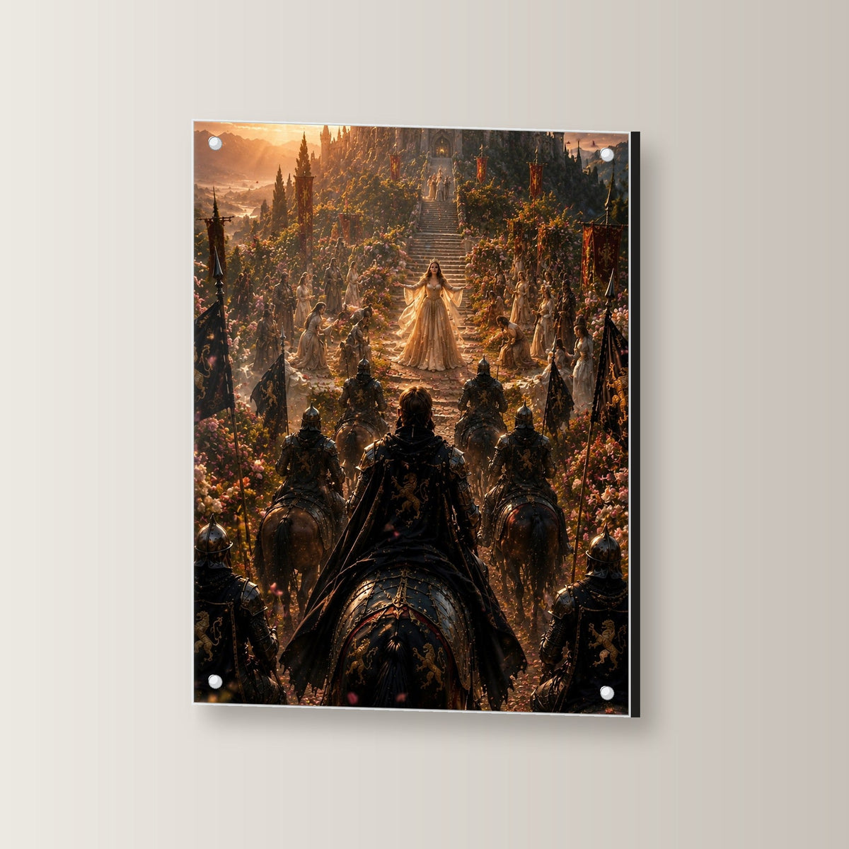 Dark-Fantasy Acrylglasbild auf Acrylglas mit Edelstahl-Abstandshaltern, leicht gedreht an der Wand fotografiert