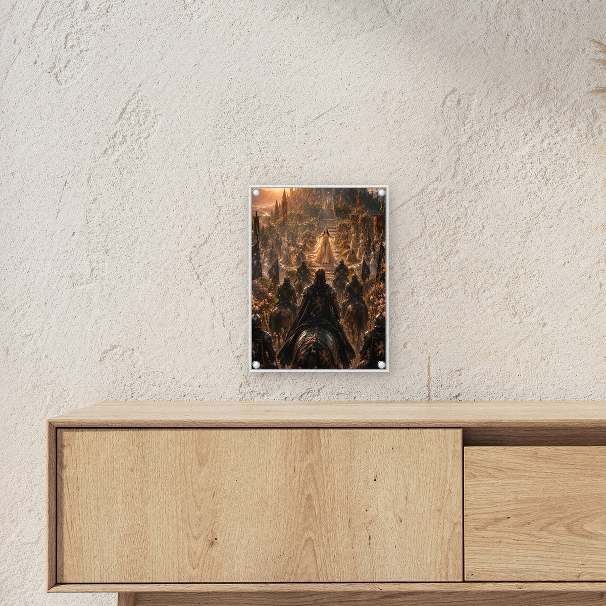 Dark-Fantasy Acrylglasbild auf Acrylglas mit Edelstahl-Abstandshaltern ueber einem Sideboard, zeigt die Groesse im Raum