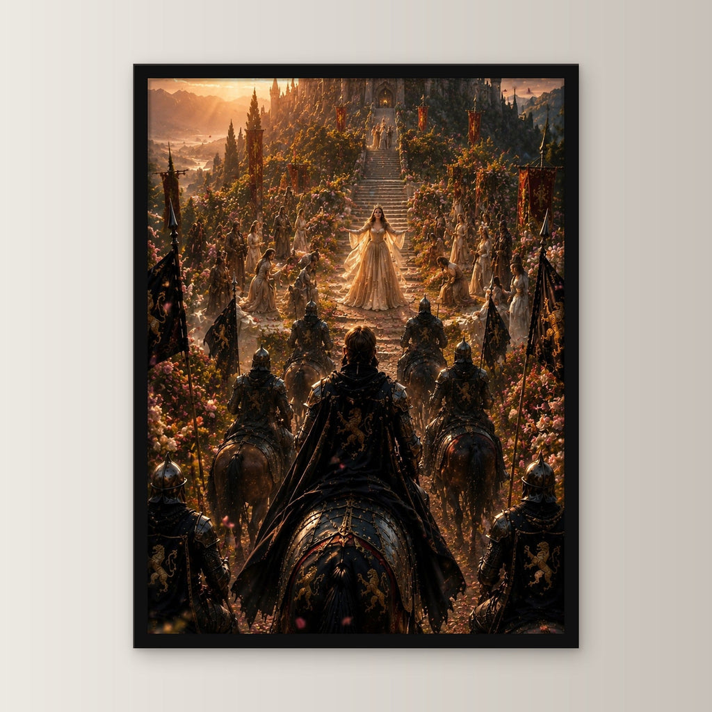 Dark-Fantasy Poster gerahmt im schwarzen Holzrahmen, gerade von vorn an heller Wand
