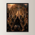 Dark-Fantasy Poster gerahmt im schwarzen Holzrahmen, gerade von vorn an heller Wand