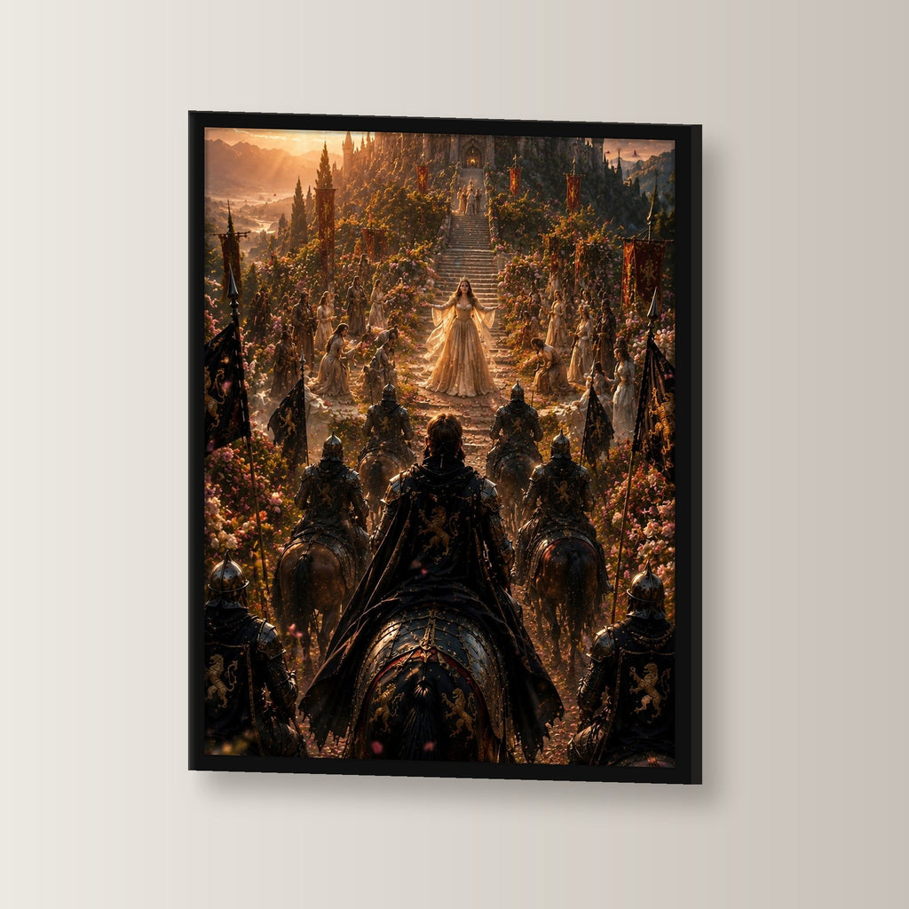 Dark-Fantasy Poster gerahmt im schwarzen Holzrahmen, leicht gedreht an der Wand fotografiert