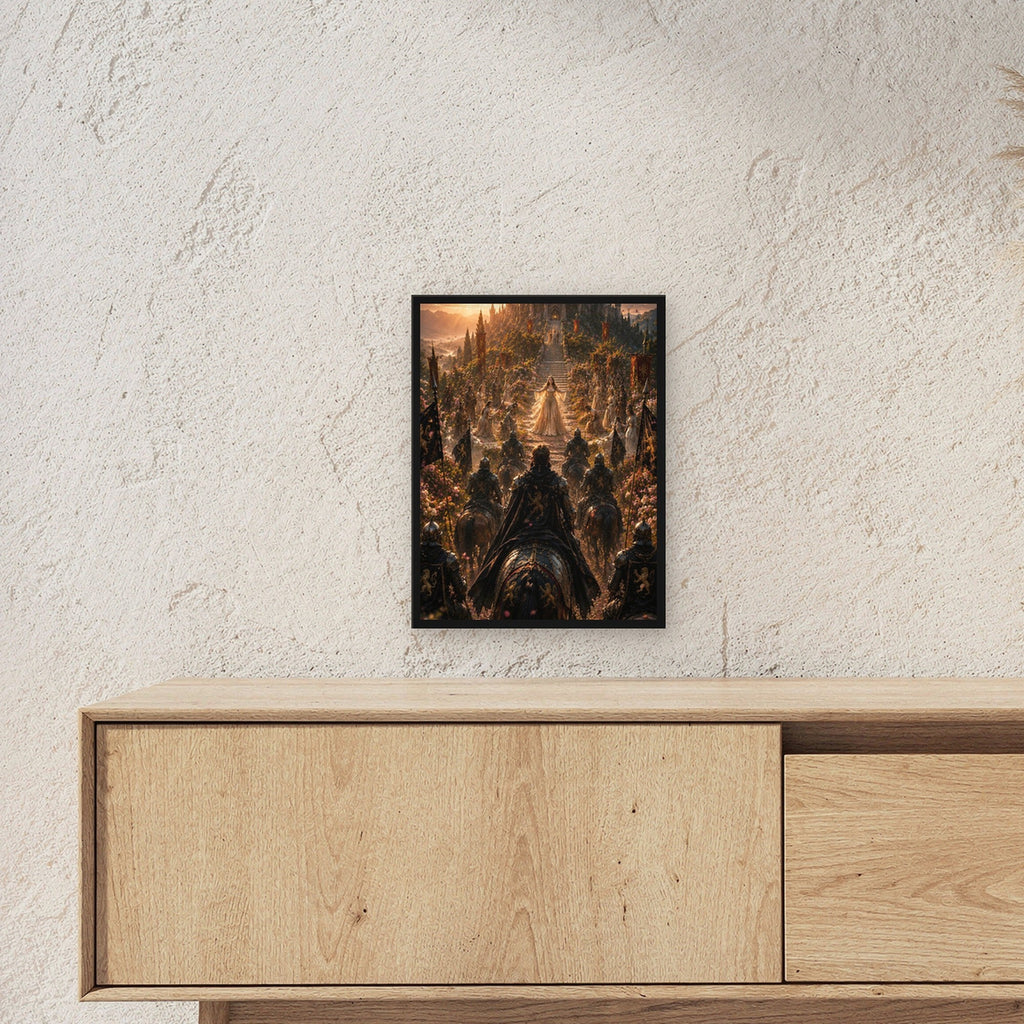 Dark-Fantasy Poster gerahmt im schwarzen Holzrahmen ueber einem Sideboard, zeigt die Groesse im Raum