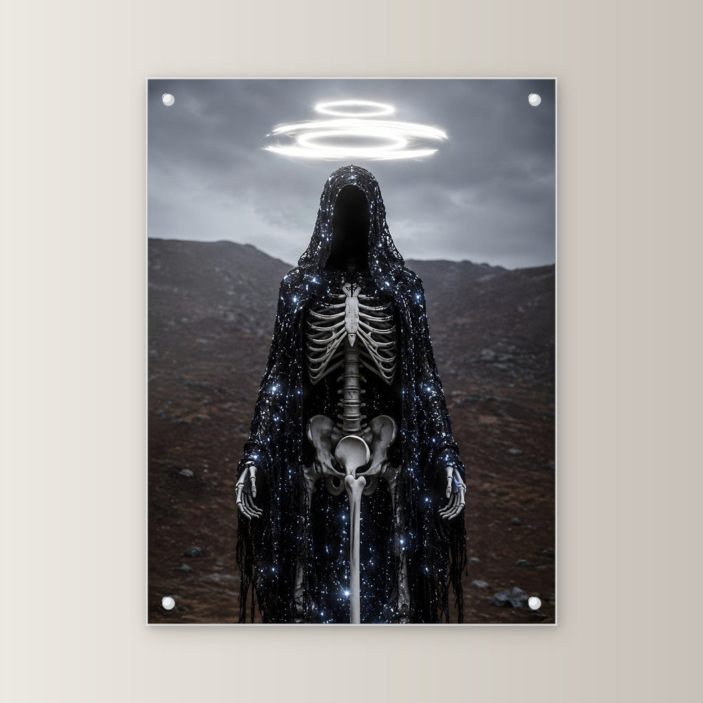 Dark-Fantasy Acrylglasbild auf Acrylglas mit Edelstahl-Abstandshaltern, gerade von vorn an heller Wand