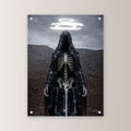 Dark-Fantasy Acrylglasbild auf Acrylglas mit Edelstahl-Abstandshaltern, gerade von vorn an heller Wand
