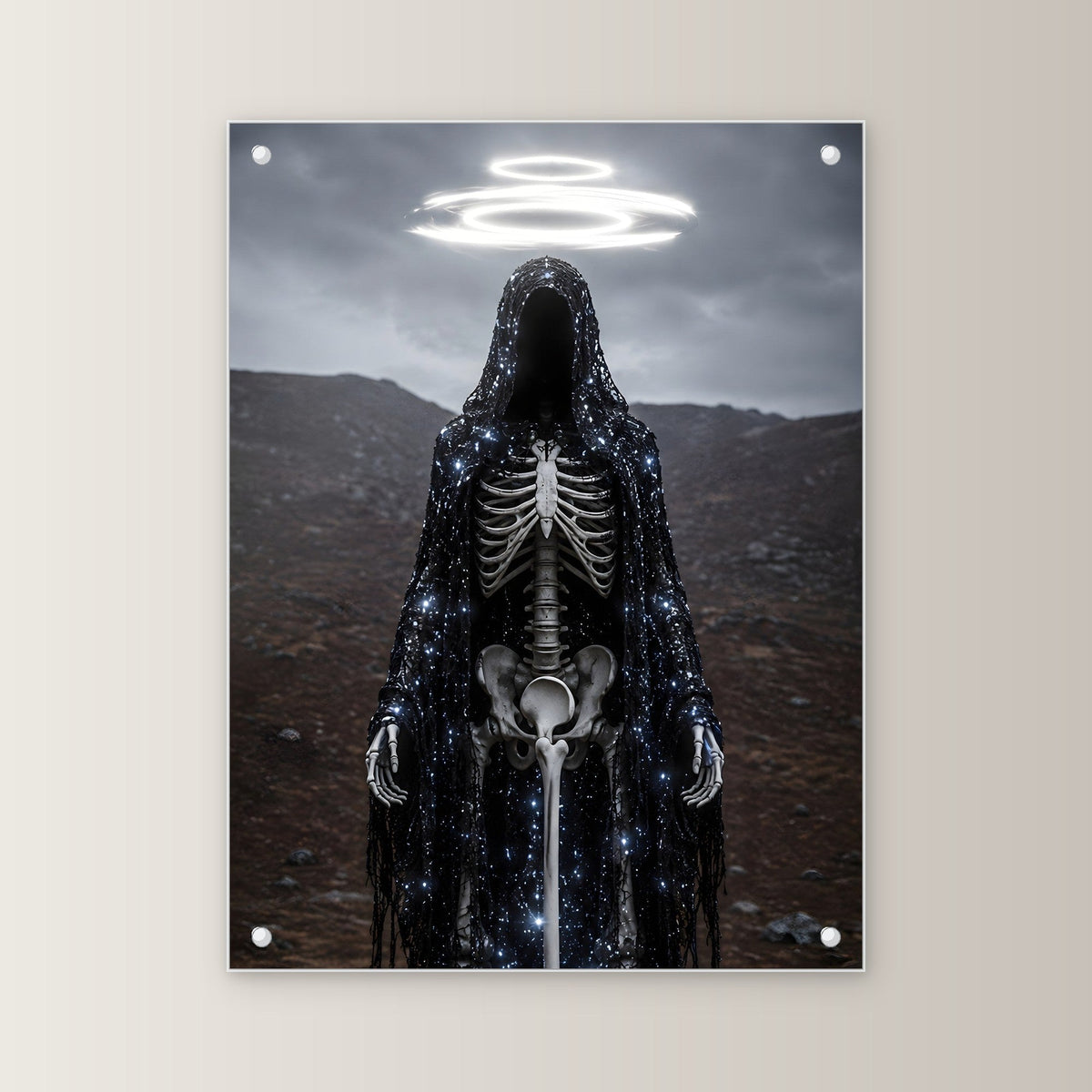 Dark-Fantasy Acrylglasbild auf Acrylglas mit Edelstahl-Abstandshaltern, gerade von vorn an heller Wand