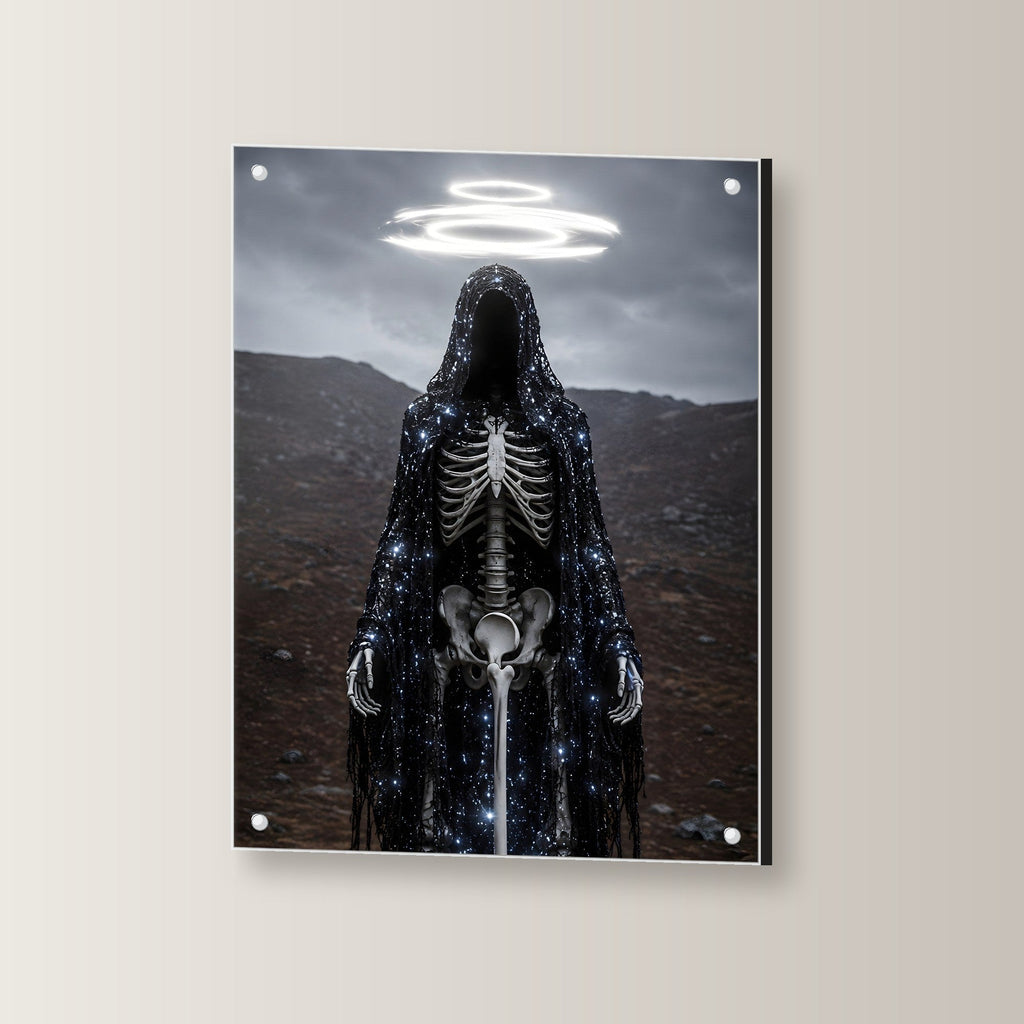 Dark-Fantasy Acrylglasbild auf Acrylglas mit Edelstahl-Abstandshaltern, leicht gedreht an der Wand fotografiert