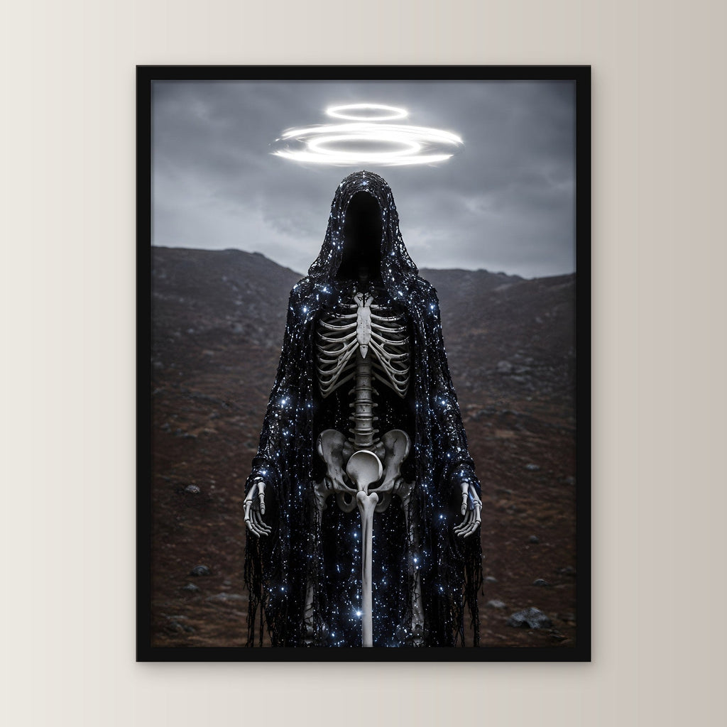 Dark-Fantasy Poster gerahmt im schwarzen Holzrahmen, gerade von vorn an heller Wand