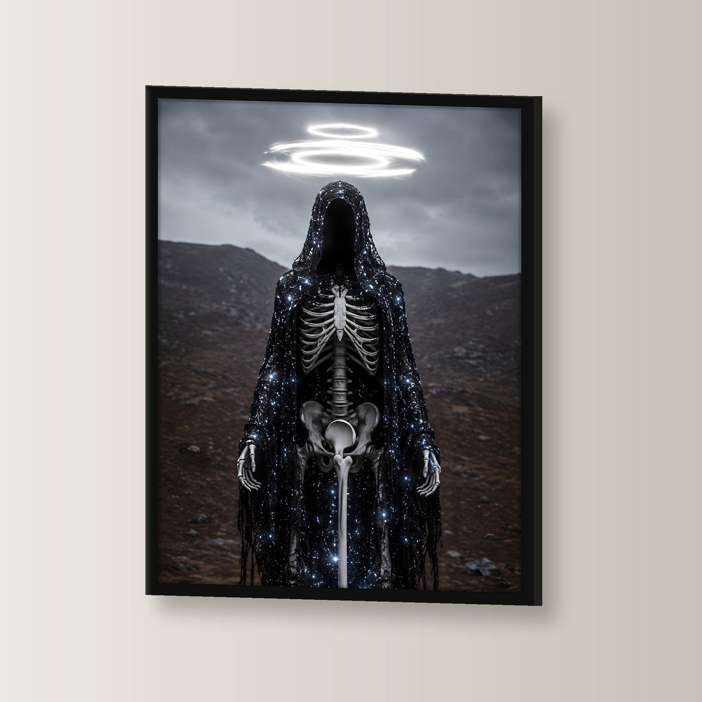 Dark-Fantasy Poster gerahmt im schwarzen Holzrahmen, leicht gedreht an der Wand fotografiert