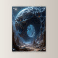 Riesenmaul im Fels unter fremdem Mond, Surreales Acrylglasbild auf Acrylglas mit Edelstahl-Abstandshaltern, gerade von vorn an heller Wand