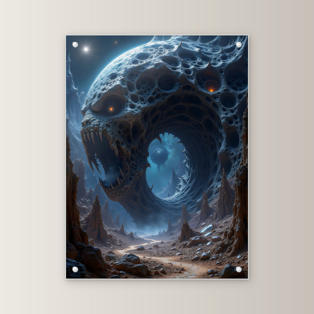 Riesenmaul im Fels unter fremdem Mond, Surreales Acrylglasbild auf Acrylglas mit Edelstahl-Abstandshaltern, gerade von vorn an heller Wand