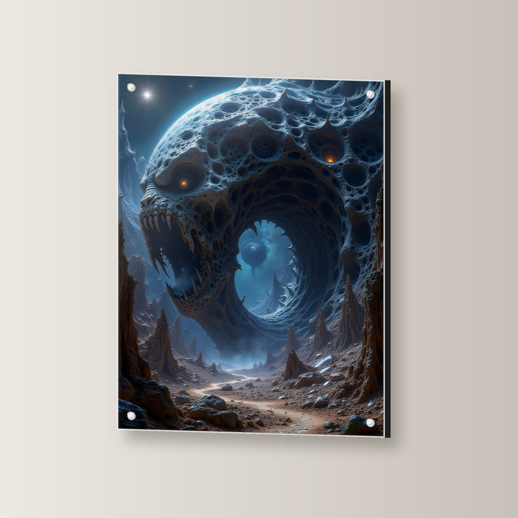 Riesenmaul im Fels unter fremdem Mond, Surreales Acrylglasbild auf Acrylglas mit Edelstahl-Abstandshaltern, leicht gedreht an der Wand fotografiert