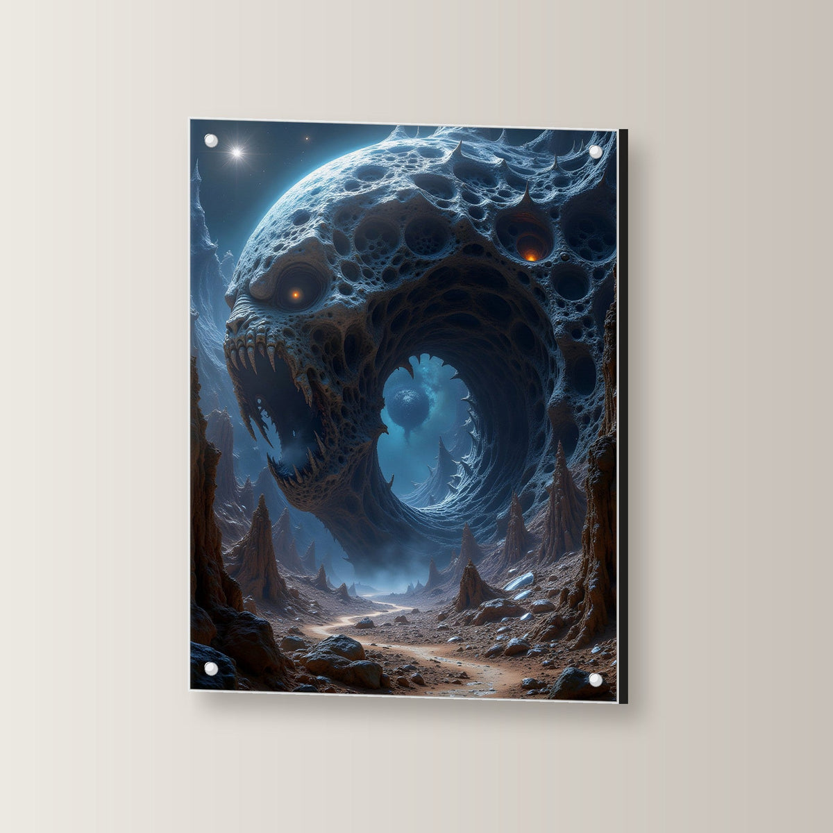 Riesenmaul im Fels unter fremdem Mond, Surreales Acrylglasbild auf Acrylglas mit Edelstahl-Abstandshaltern, leicht gedreht an der Wand fotografiert