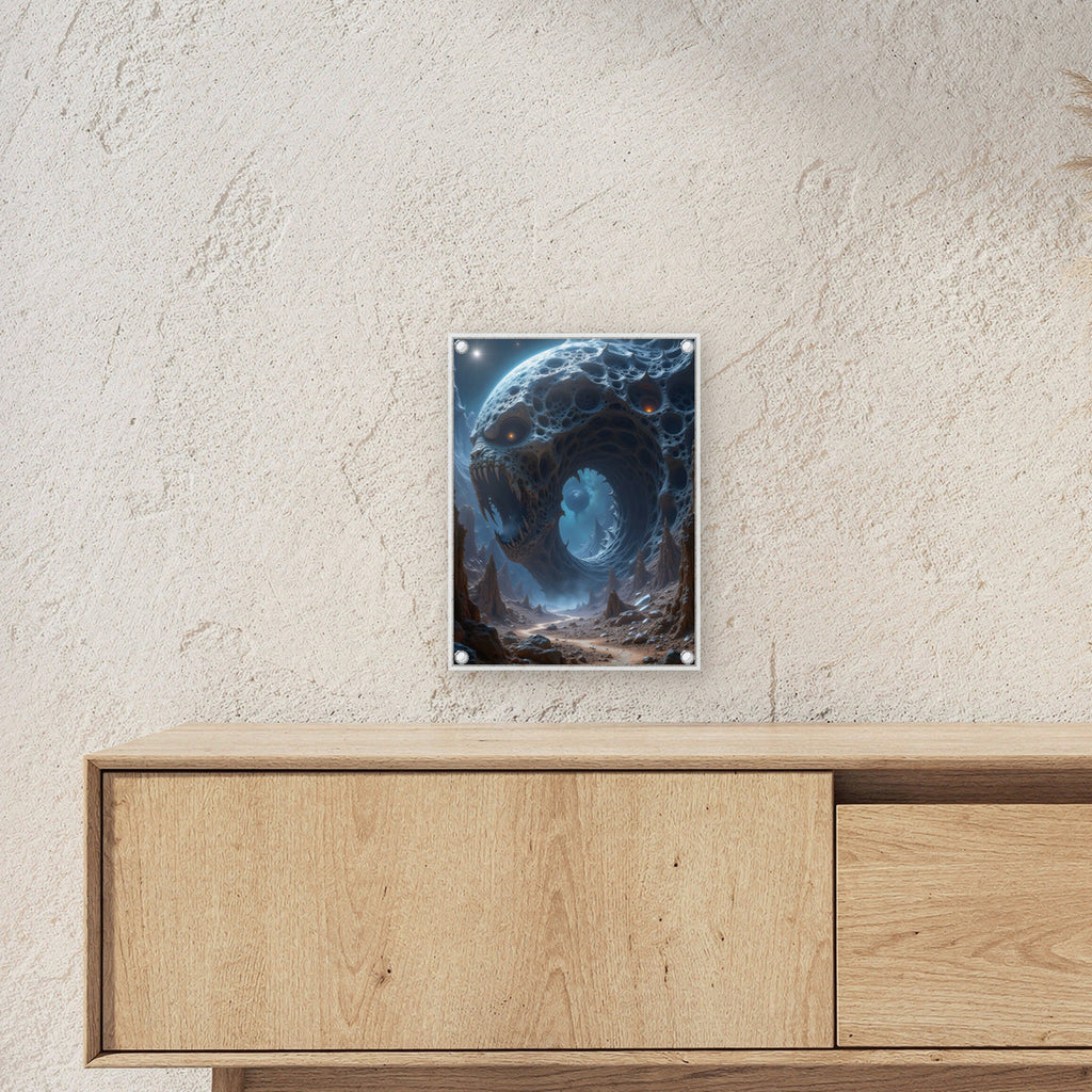 Riesenmaul im Fels unter fremdem Mond, Surreales Acrylglasbild auf Acrylglas mit Edelstahl-Abstandshaltern ueber einem Sideboard, zeigt die Groesse im Raum