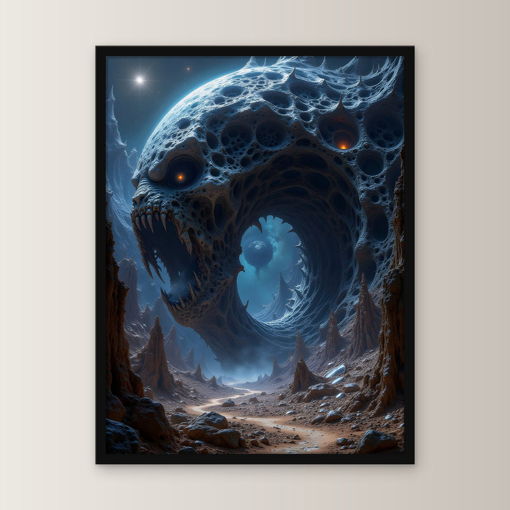 Riesenmaul im Fels unter fremdem Mond, Surreales Wandbild gerahmt im schwarzen Holzrahmen, gerade von vorn an heller Wand