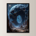 Riesenmaul im Fels unter fremdem Mond, Surreales Wandbild gerahmt im schwarzen Holzrahmen, gerade von vorn an heller Wand
