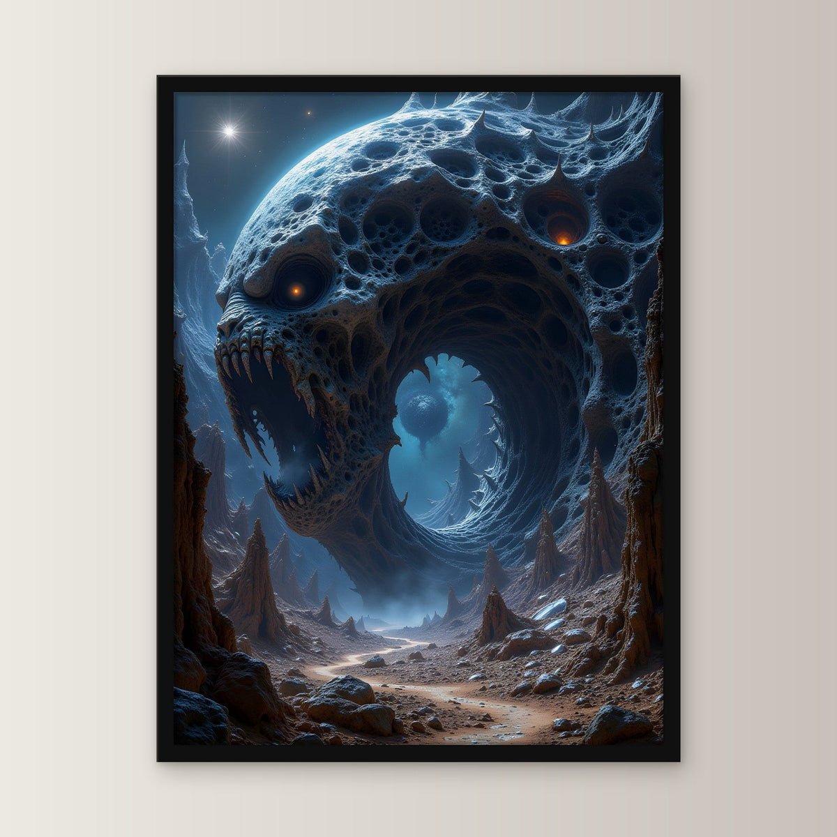 Riesenmaul im Fels unter fremdem Mond, Surreales Wandbild gerahmt im schwarzen Holzrahmen, gerade von vorn an heller Wand