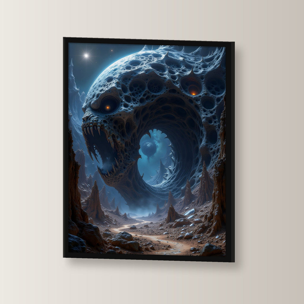 Riesenmaul im Fels unter fremdem Mond, Surreales Wandbild gerahmt im schwarzen Holzrahmen, leicht gedreht an der Wand fotografiert