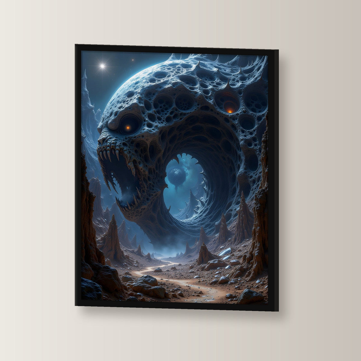 Riesenmaul im Fels unter fremdem Mond, Surreales Wandbild gerahmt im schwarzen Holzrahmen, leicht gedreht an der Wand fotografiert