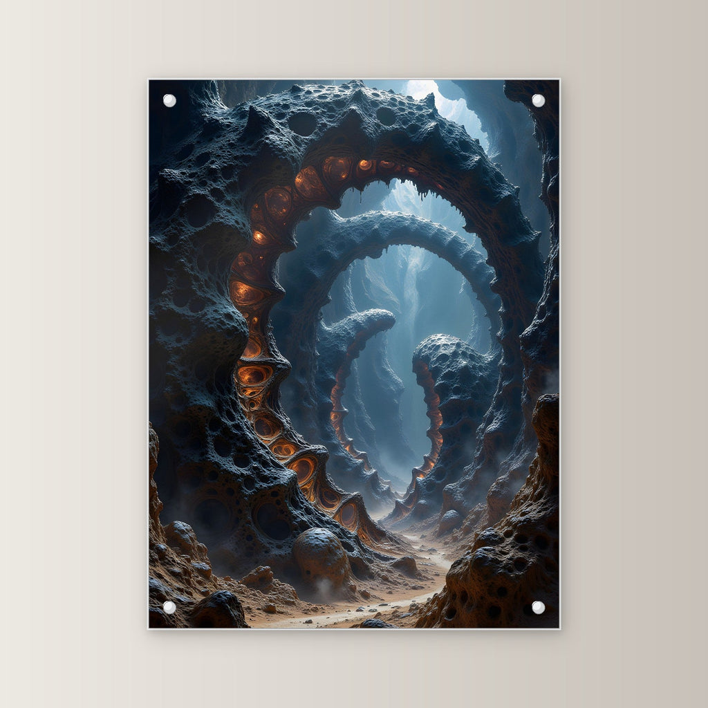 Glühender Strudel im Fels einer fremden Welt, Surreales Acrylglasbild auf Acrylglas mit Edelstahl-Abstandshaltern, gerade von vorn an heller Wand