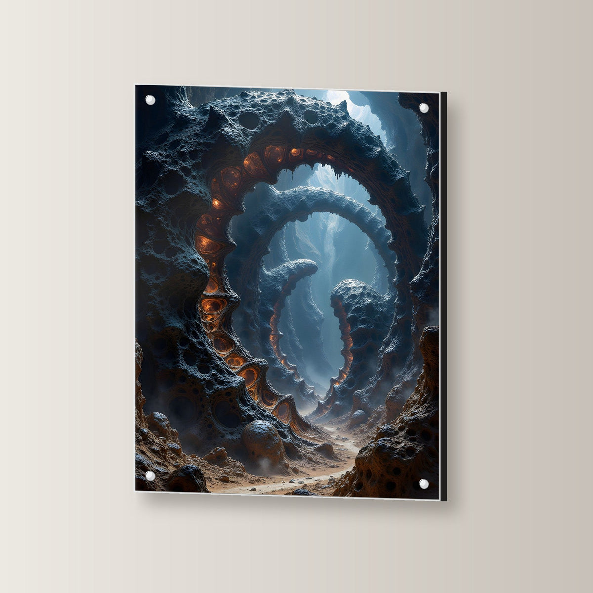 Glühender Strudel im Fels einer fremden Welt, Surreales Acrylglasbild auf Acrylglas mit Edelstahl-Abstandshaltern, leicht gedreht an der Wand fotografiert