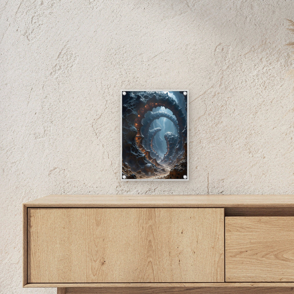 Glühender Strudel im Fels einer fremden Welt, Surreales Acrylglasbild auf Acrylglas mit Edelstahl-Abstandshaltern ueber einem Sideboard, zeigt die Groesse im Raum