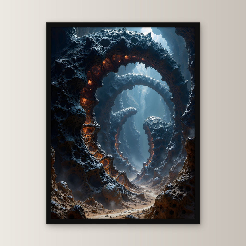 Glühender Strudel im Fels einer fremden Welt, Surreales Wandbild gerahmt im schwarzen Holzrahmen, gerade von vorn an heller Wand