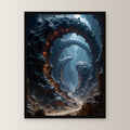 Glühender Strudel im Fels einer fremden Welt, Surreales Wandbild gerahmt im schwarzen Holzrahmen, gerade von vorn an heller Wand