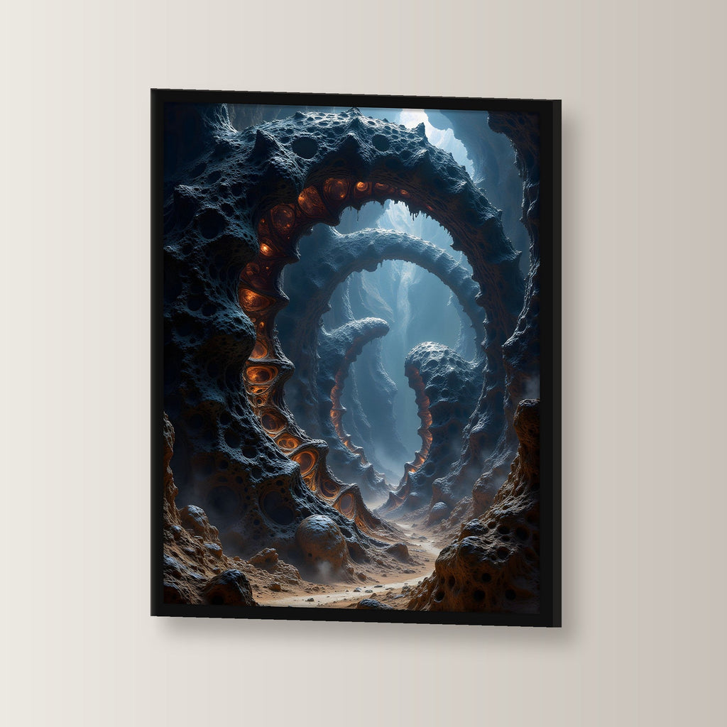 Glühender Strudel im Fels einer fremden Welt, Surreales Wandbild gerahmt im schwarzen Holzrahmen, leicht gedreht an der Wand fotografiert