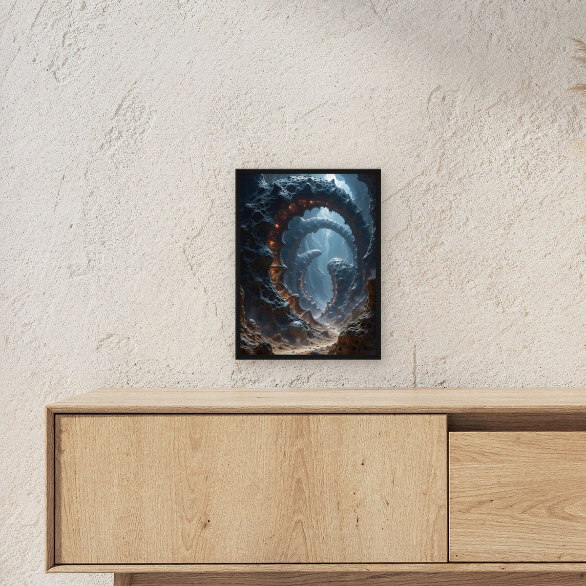 Glühender Strudel im Fels einer fremden Welt, Surreales Wandbild gerahmt im schwarzen Holzrahmen ueber einem Sideboard, zeigt die Groesse im Raum
