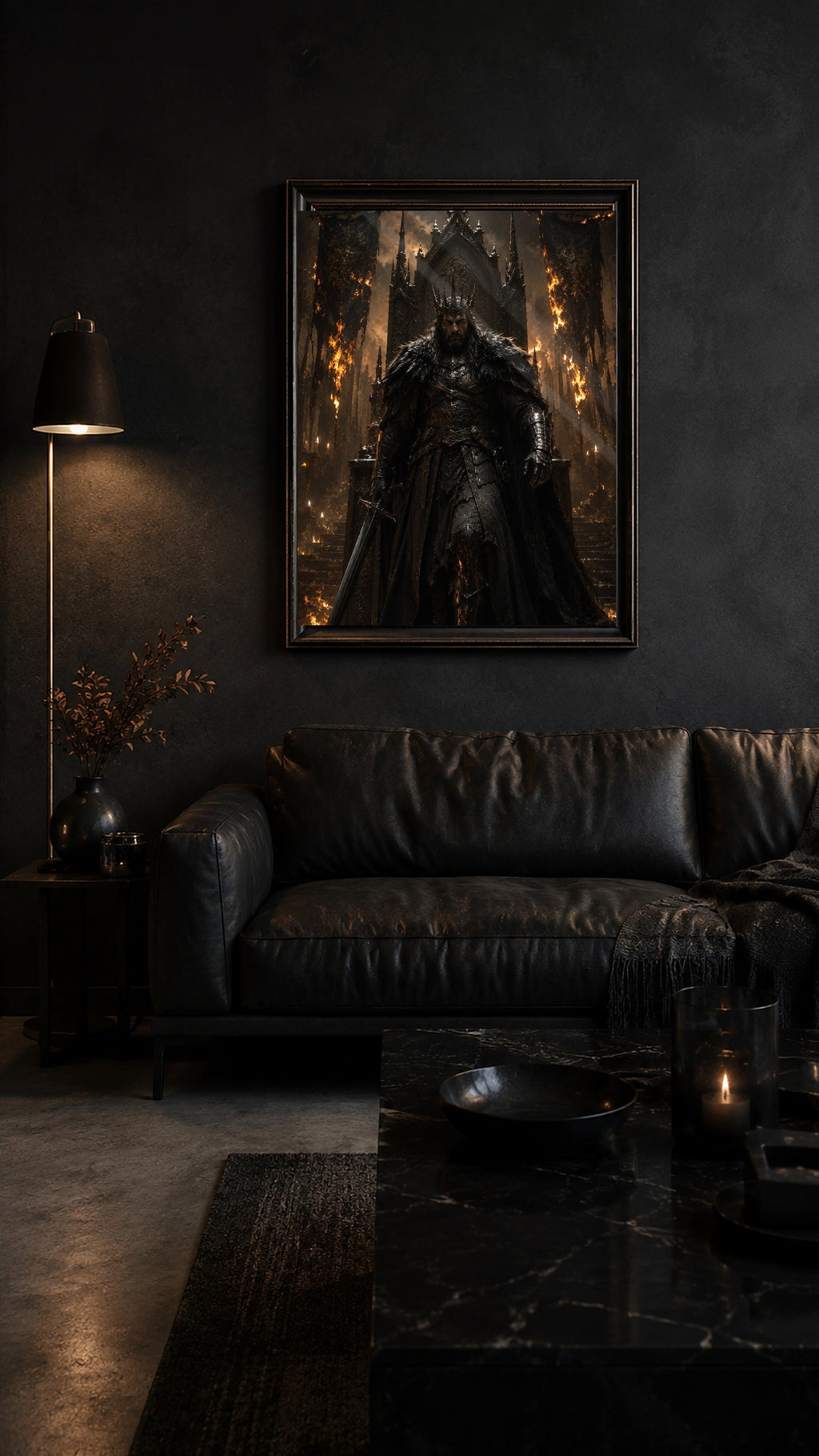 Der Flammenkönig – gerahmtes Dark-Fantasy-Wandbild im Raum | Fantasywand