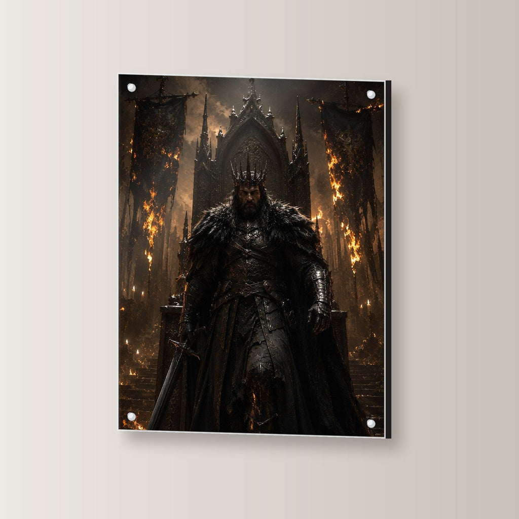 Dark-Fantasy Acrylglasbild auf Acrylglas mit Edelstahl-Abstandshaltern, leicht gedreht an der Wand fotografiert