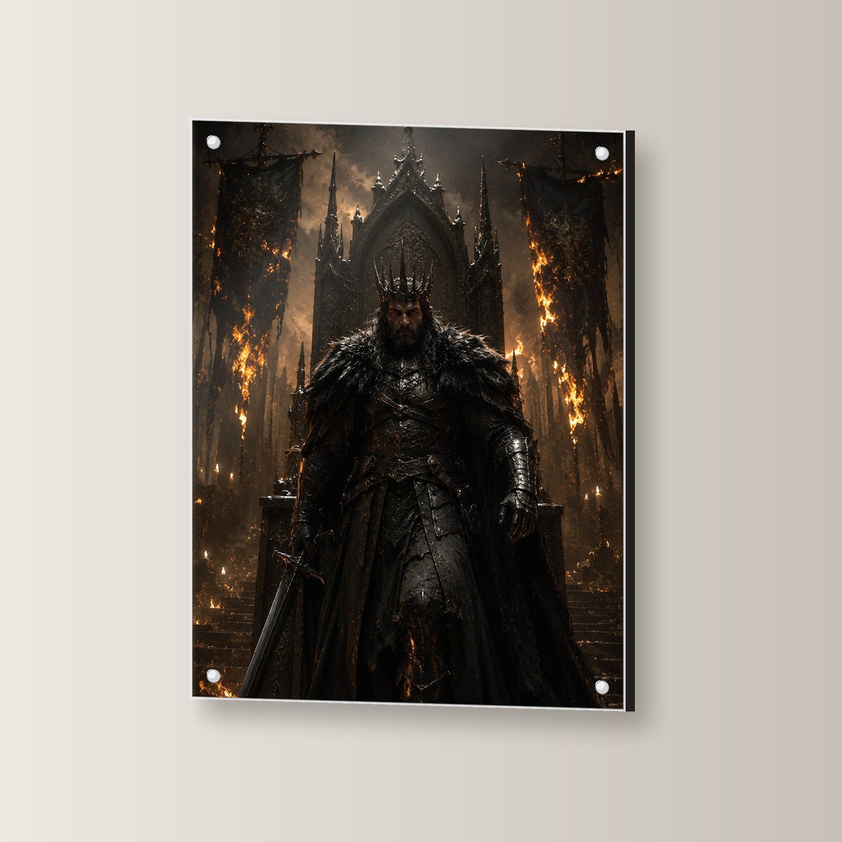 Dark-Fantasy Acrylglasbild auf Acrylglas mit Edelstahl-Abstandshaltern, leicht gedreht an der Wand fotografiert