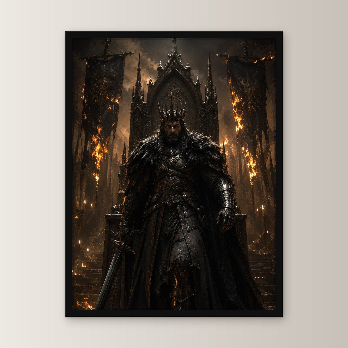 Dark-Fantasy Poster gerahmt im schwarzen Holzrahmen, gerade von vorn an heller Wand