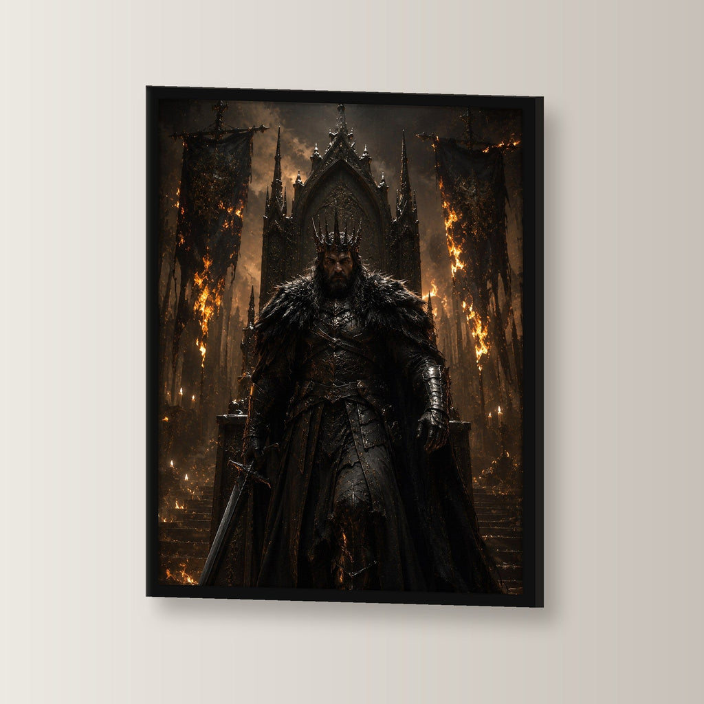 Dark-Fantasy Poster gerahmt im schwarzen Holzrahmen, leicht gedreht an der Wand fotografiert