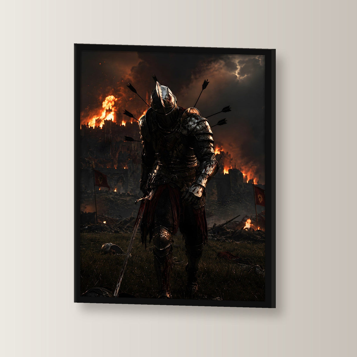Dark Fantasy Poster gerahmt | Gothic Deko im schwarzen Holzrahmen, leicht gedreht an der Wand fotografiert