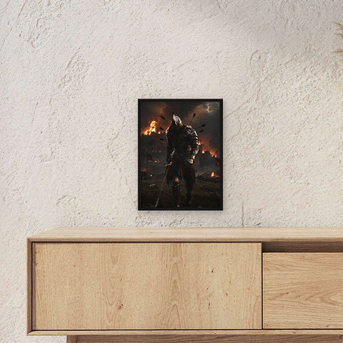 Dark Fantasy Poster gerahmt | Gothic Deko im schwarzen Holzrahmen ueber einem Sideboard, zeigt die Groesse im Raum