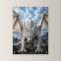 Weißer Drache mit gespreizten Flügeln, Dark Fantasy Acrylglasbild auf Acrylglas mit Edelstahl-Abstandshaltern, gerade von vorn an heller Wand
