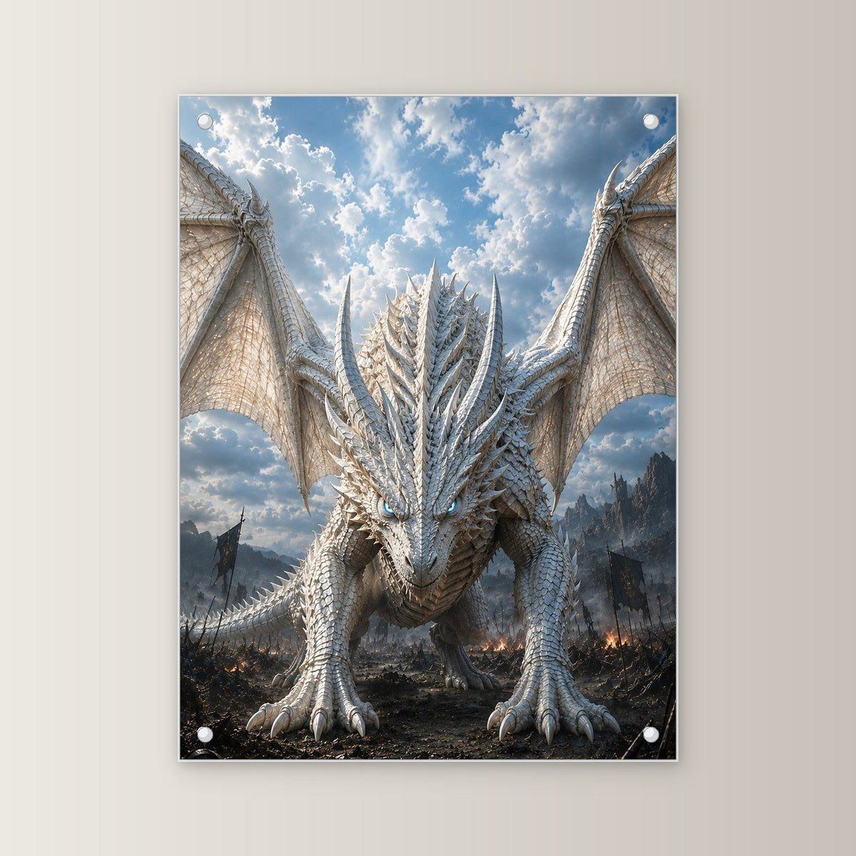 Weißer Drache mit gespreizten Flügeln, Dark Fantasy Acrylglasbild auf Acrylglas mit Edelstahl-Abstandshaltern, gerade von vorn an heller Wand