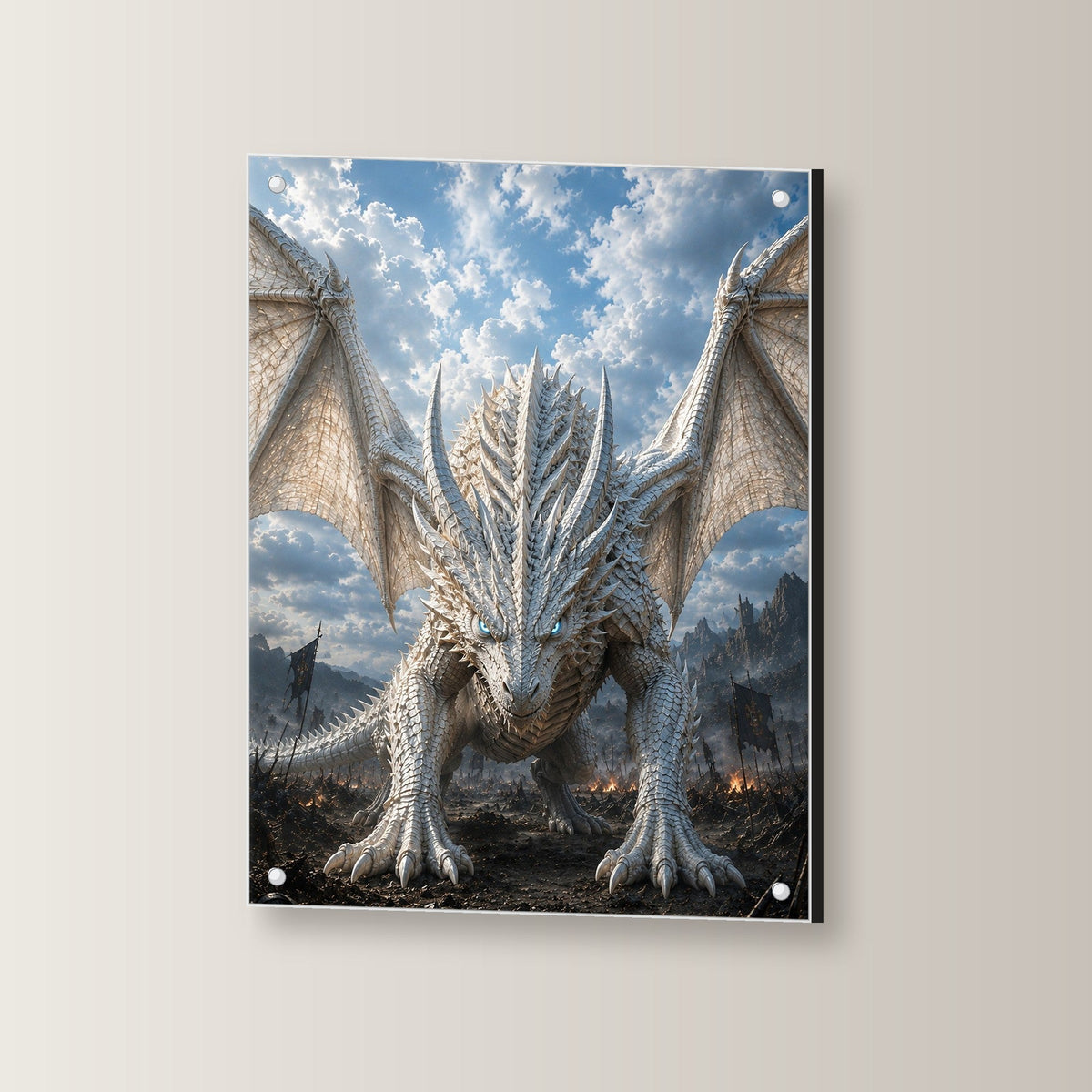 Weißer Drache mit gespreizten Flügeln, Dark Fantasy Acrylglasbild auf Acrylglas mit Edelstahl-Abstandshaltern, leicht gedreht an der Wand fotografiert