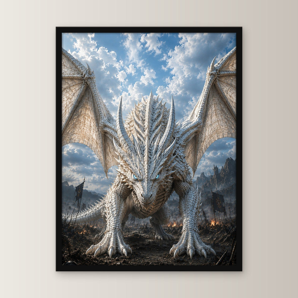 Weißer Drache mit gespreizten Flügeln, Fantasy Wandbild gerahmt im schwarzen Holzrahmen, gerade von vorn an heller Wand