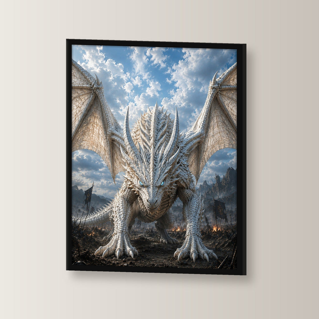 Weißer Drache mit gespreizten Flügeln, Fantasy Wandbild gerahmt im schwarzen Holzrahmen, leicht gedreht an der Wand fotografiert