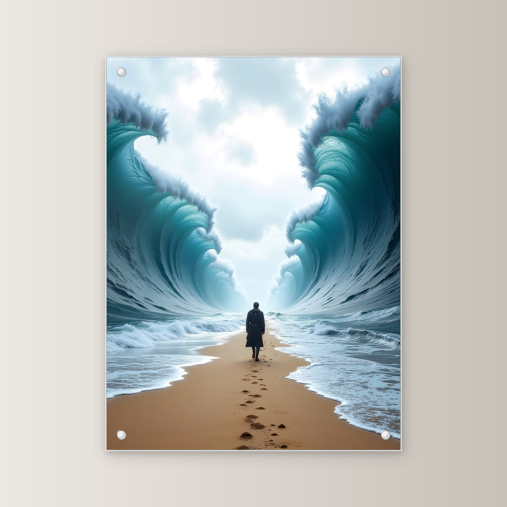 Einsame Gestalt auf dem Pfad durch das geteilte Meer, Surreales Acrylglasbild auf Acrylglas mit Edelstahl-Abstandshaltern, gerade von vorn an heller Wand