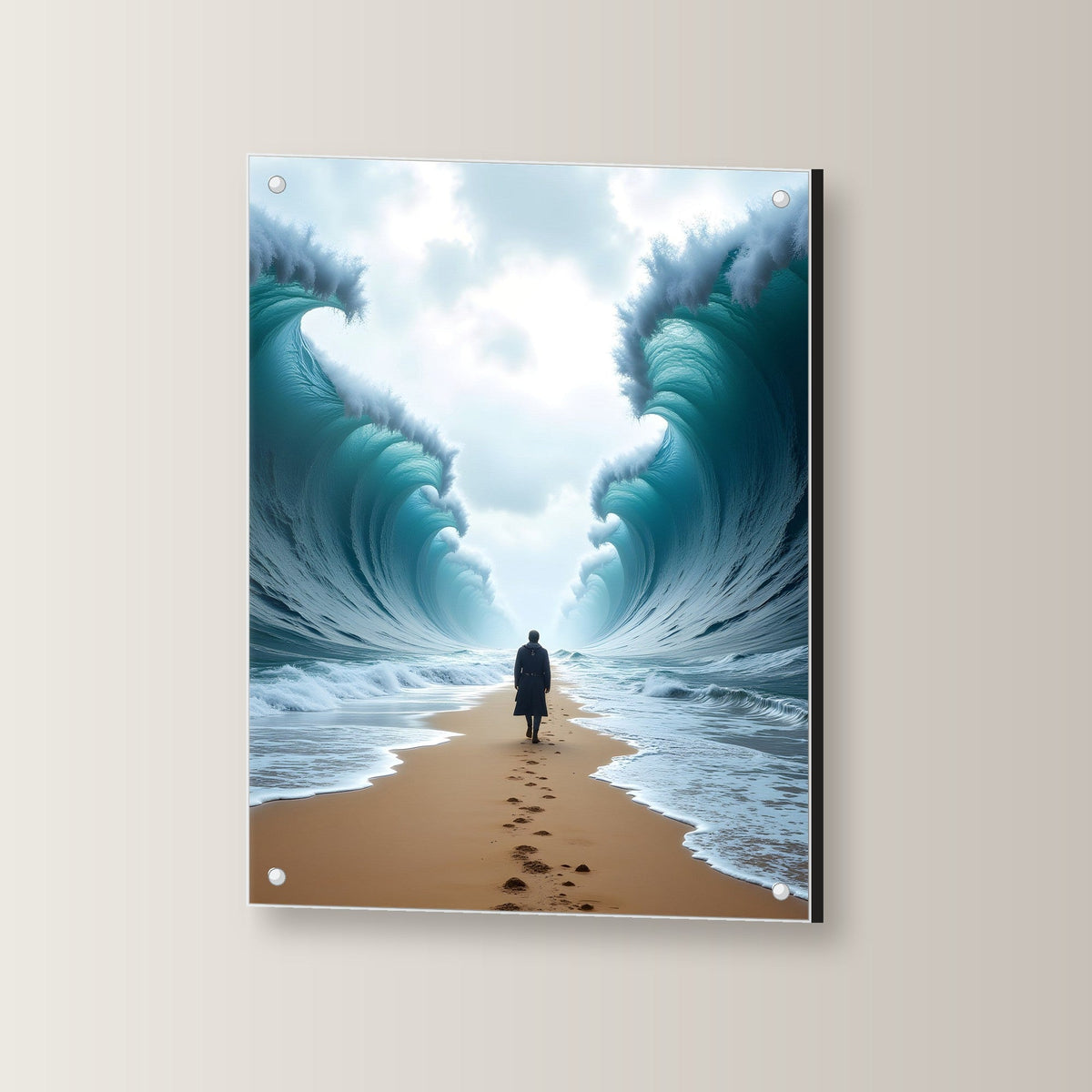 Einsame Gestalt auf dem Pfad durch das geteilte Meer, Surreales Acrylglasbild auf Acrylglas mit Edelstahl-Abstandshaltern, leicht gedreht an der Wand fotografiert