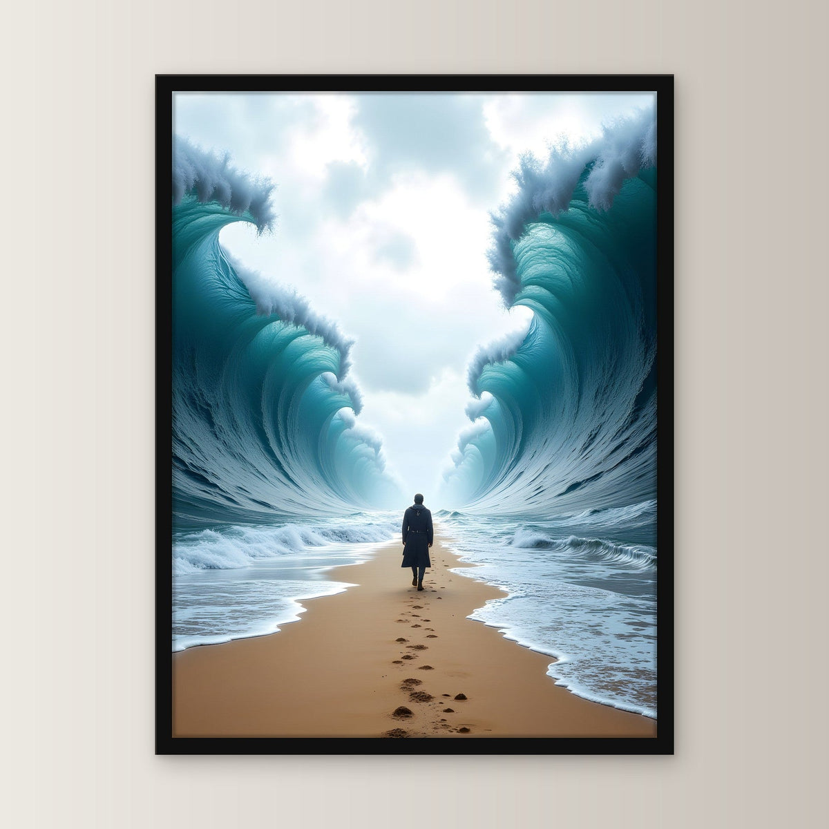 Einsame Gestalt auf dem Pfad durch das geteilte Meer, Surreales Wandbild gerahmt im schwarzen Holzrahmen, gerade von vorn an heller Wand