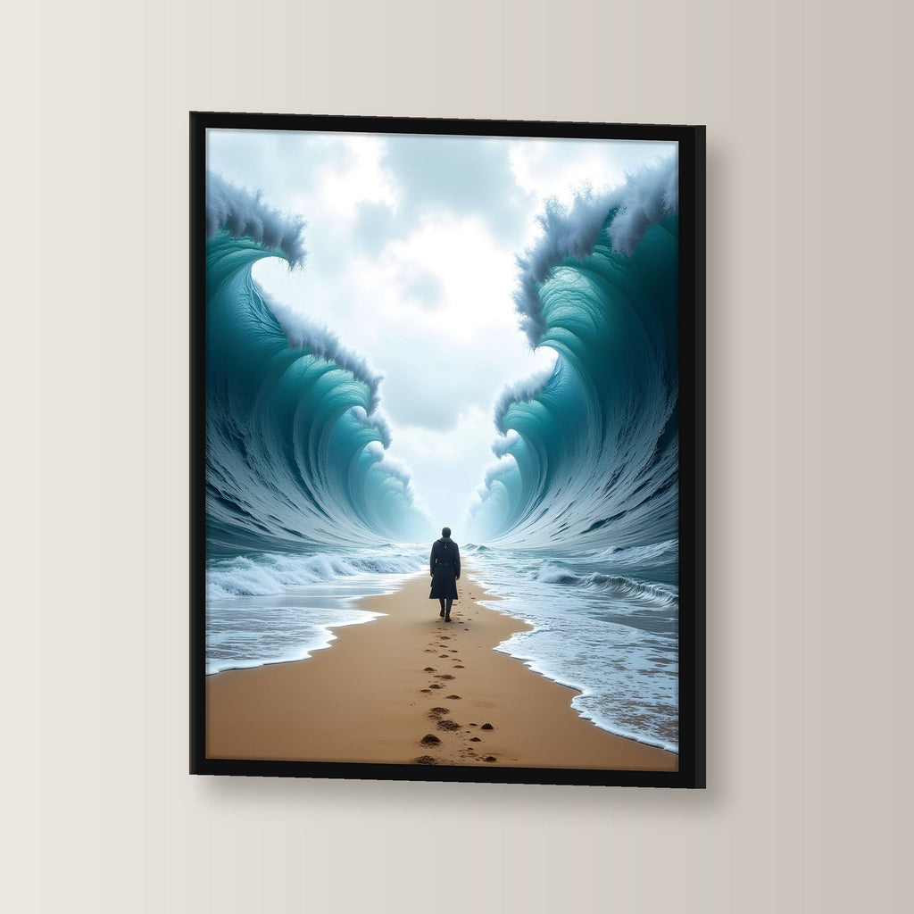 Einsame Gestalt auf dem Pfad durch das geteilte Meer, Surreales Wandbild gerahmt im schwarzen Holzrahmen, leicht gedreht an der Wand fotografiert