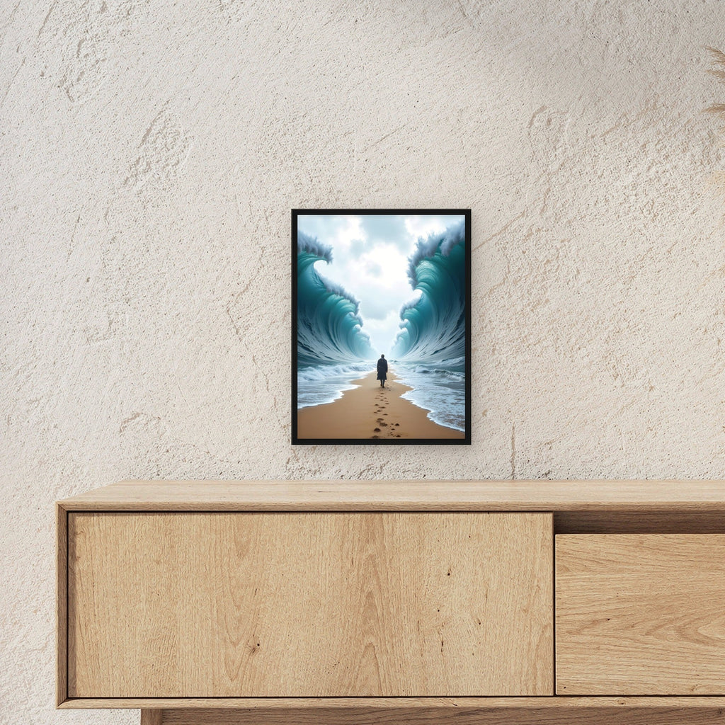 Einsame Gestalt auf dem Pfad durch das geteilte Meer, Surreales Wandbild gerahmt im schwarzen Holzrahmen ueber einem Sideboard, zeigt die Groesse im Raum
