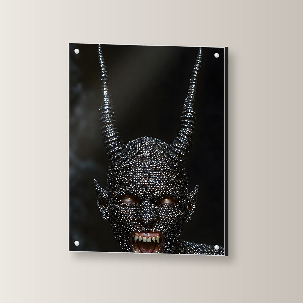 Dark Fantasy Wandbild Acrylglas | Dämon Gothic Kunstdruck Deko auf Acrylglas mit Edelstahl-Abstandshaltern, leicht gedreht an der Wand fotografiert
