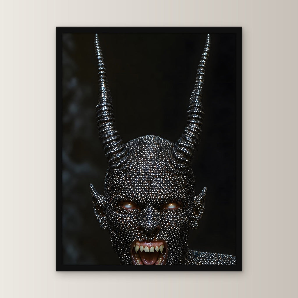 Dark Fantasy Wandbild gerahmt | Dämon Gothic Poster Deko im schwarzen Holzrahmen, gerade von vorn an heller Wand