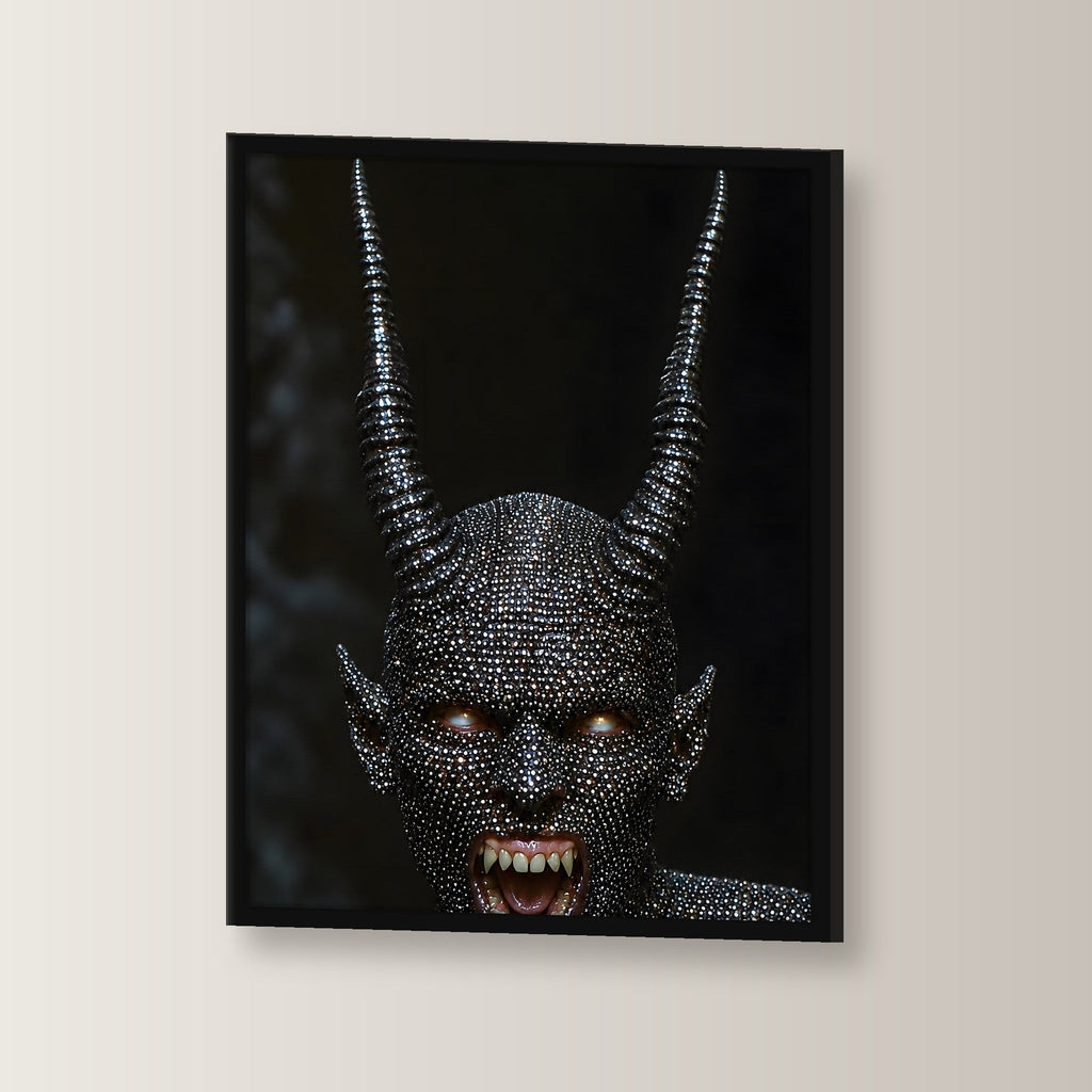 Dark Fantasy Wandbild gerahmt | Dämon Gothic Poster Deko im schwarzen Holzrahmen, leicht gedreht an der Wand fotografiert